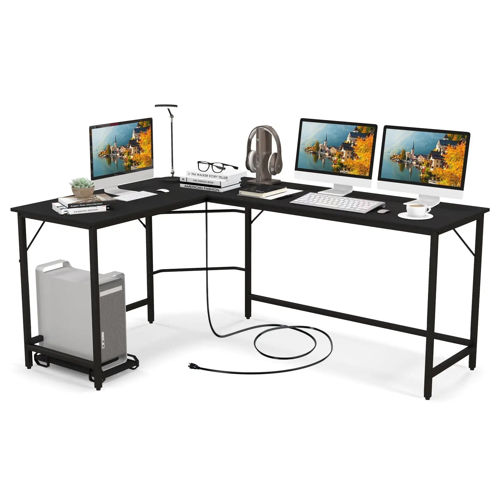 L-Shaped Computer Desk with CPU Stand Power Outlets and USB Ports by DirectDeals