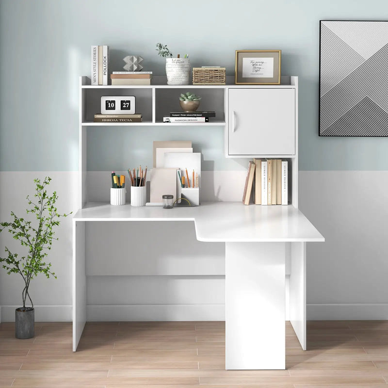 L-Shaped Desk Corner Computer Desk with Open Storage Hutch and Cabinet-White by DirectDeals