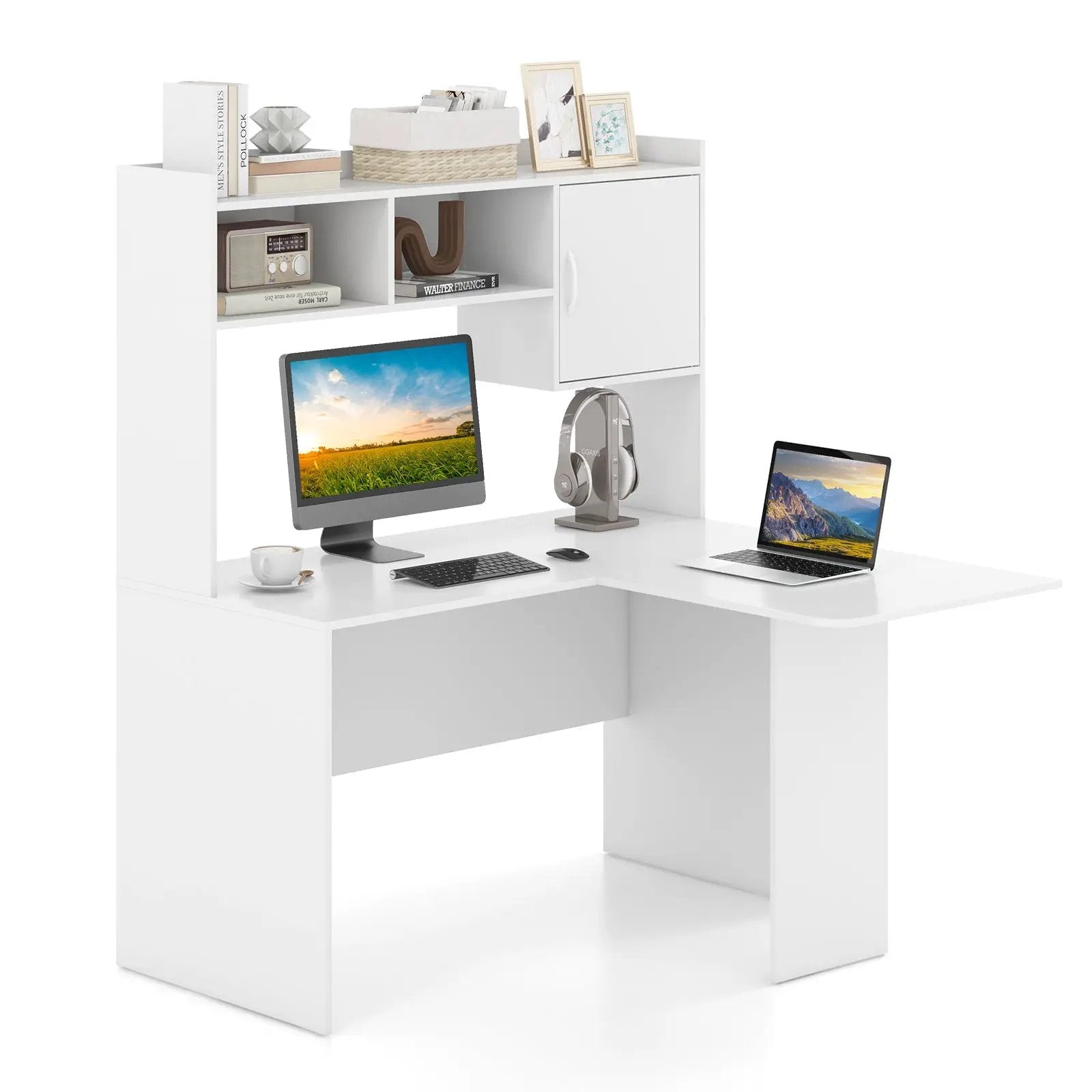 L-Shaped Desk Corner Computer Desk with Open Storage Hutch and Cabinet-White by DirectDeals