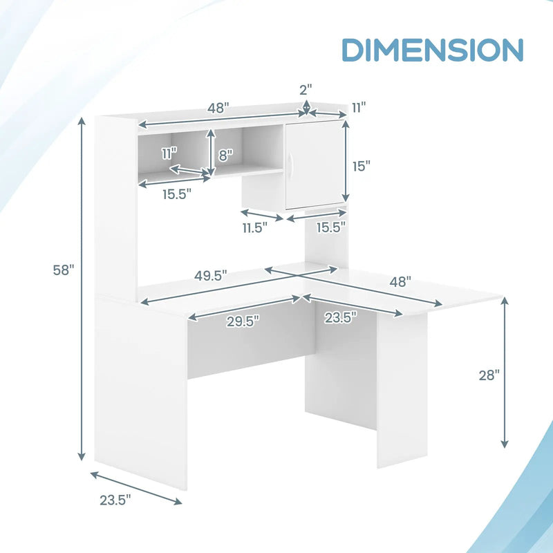 L-Shaped Desk Corner Computer Desk with Open Storage Hutch and Cabinet-White by DirectDeals