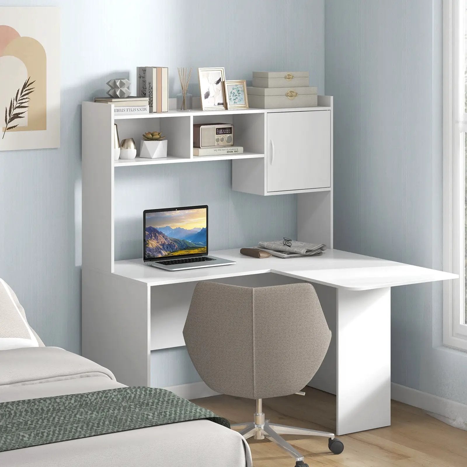 L-Shaped Desk Corner Computer Desk with Open Storage Hutch and Cabinet-White by DirectDeals