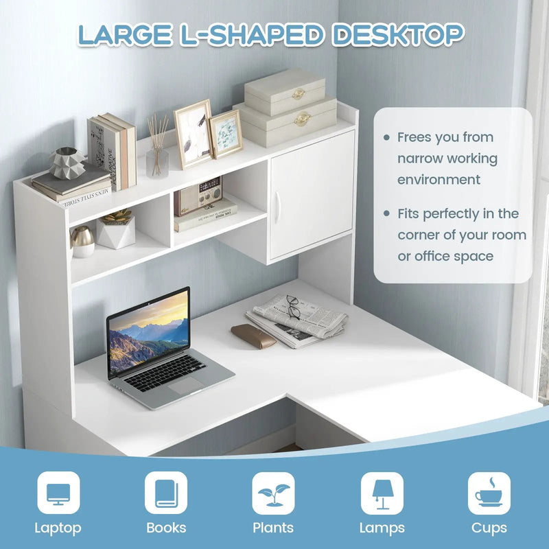 L-Shaped Desk Corner Computer Desk with Open Storage Hutch and Cabinet-White by DirectDeals