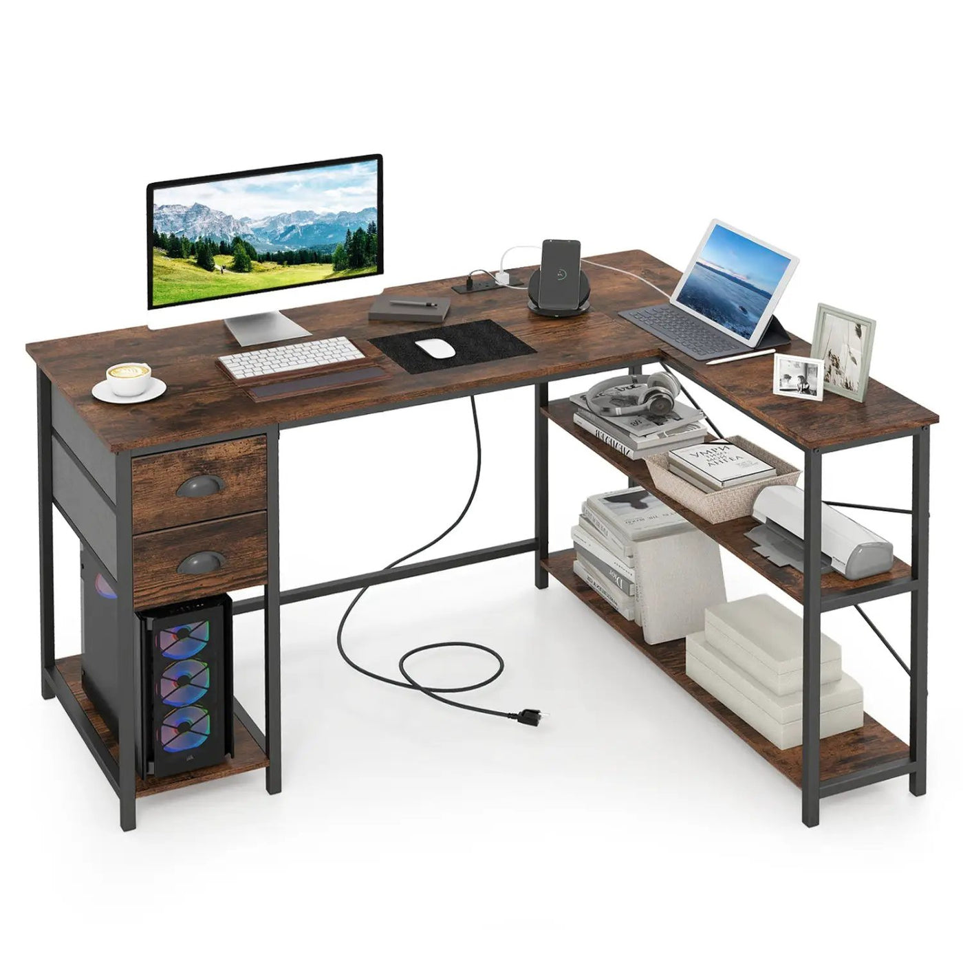 L Shaped Desk with Charging Station Corner Computer Desk with 2 Fabric Drawers by DirectDeals
