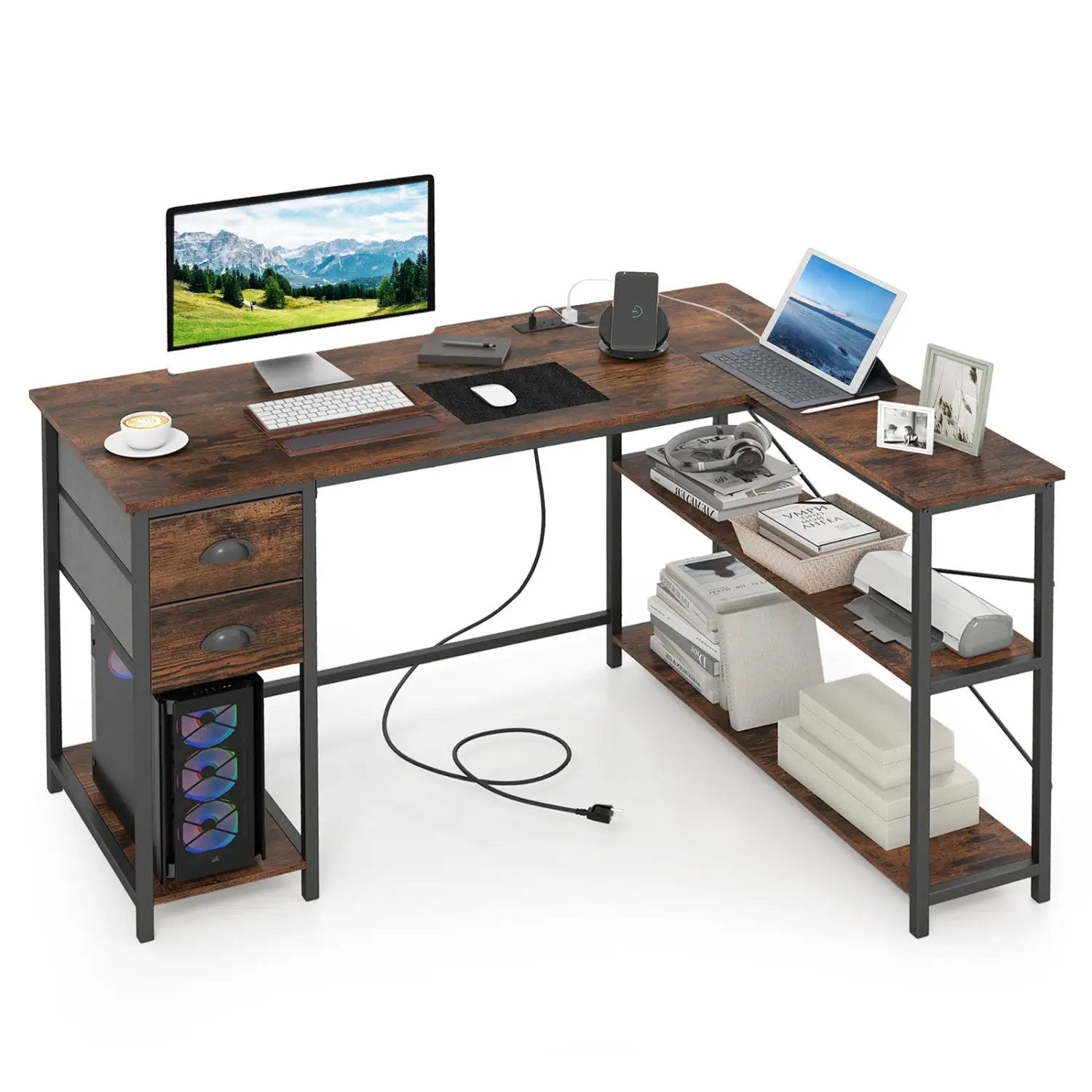 L Shaped Desk with Charging Station Corner Computer Desk with 2 Fabric Drawers by DirectDeals