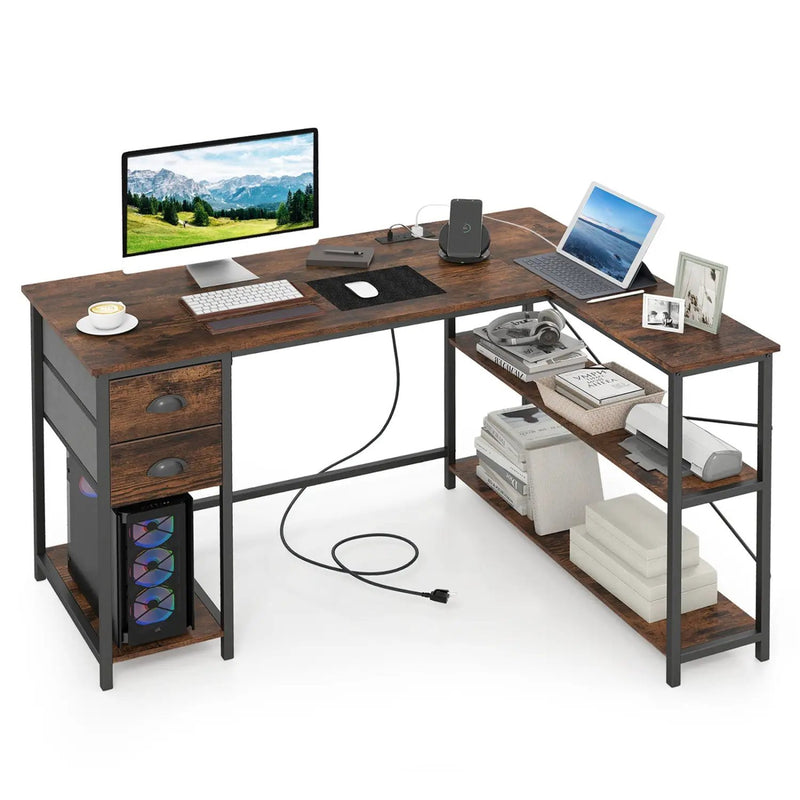 L Shaped Desk with Charging Station Corner Computer Desk with 2 Fabric Drawers by DirectDeals