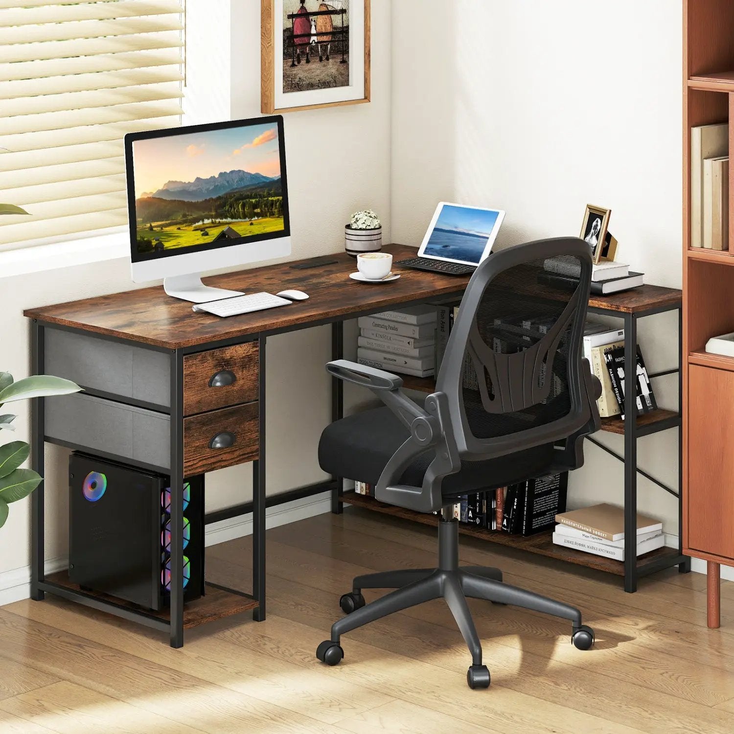 L Shaped Desk with Charging Station Corner Computer Desk with 2 Fabric Drawers by DirectDeals