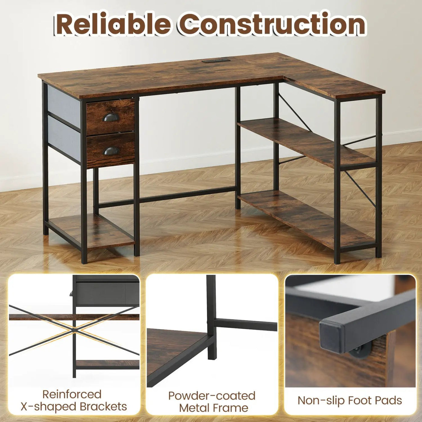 L Shaped Desk with Charging Station Corner Computer Desk with 2 Fabric Drawers by DirectDeals