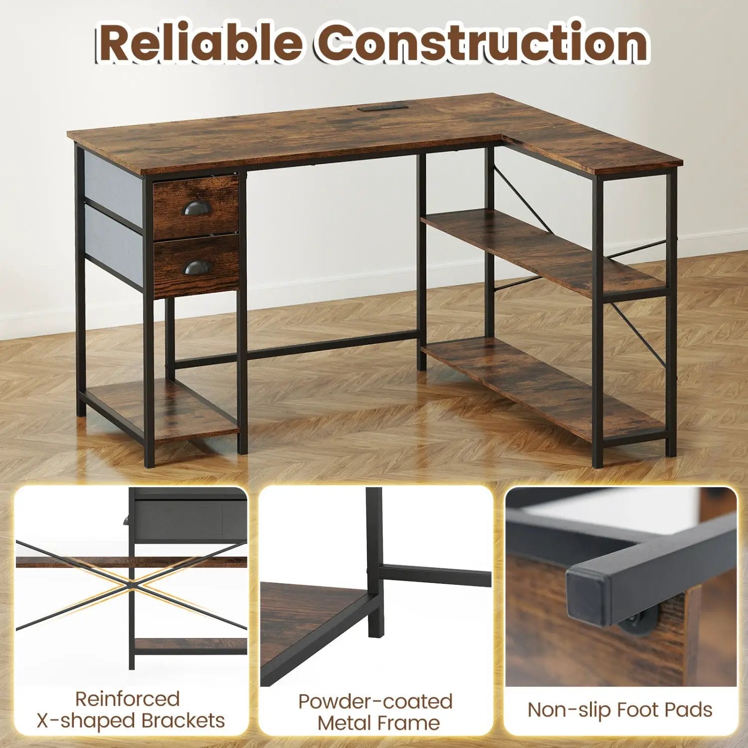 L Shaped Desk with Charging Station Corner Computer Desk with 2 Fabric Drawers by DirectDeals
