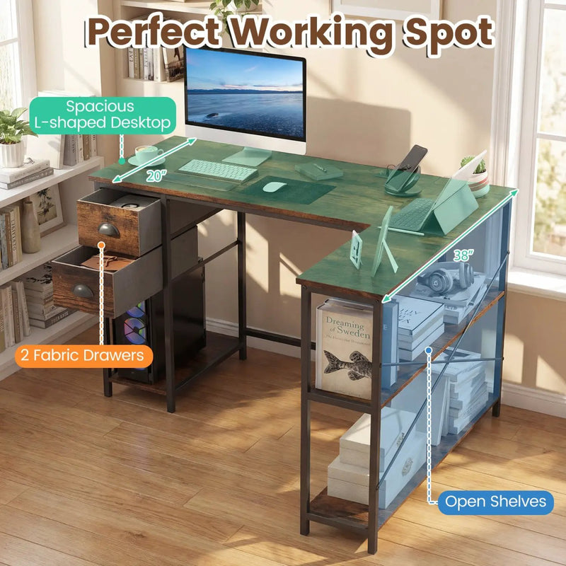 L Shaped Desk with Charging Station Corner Computer Desk with 2 Fabric Drawers by DirectDeals