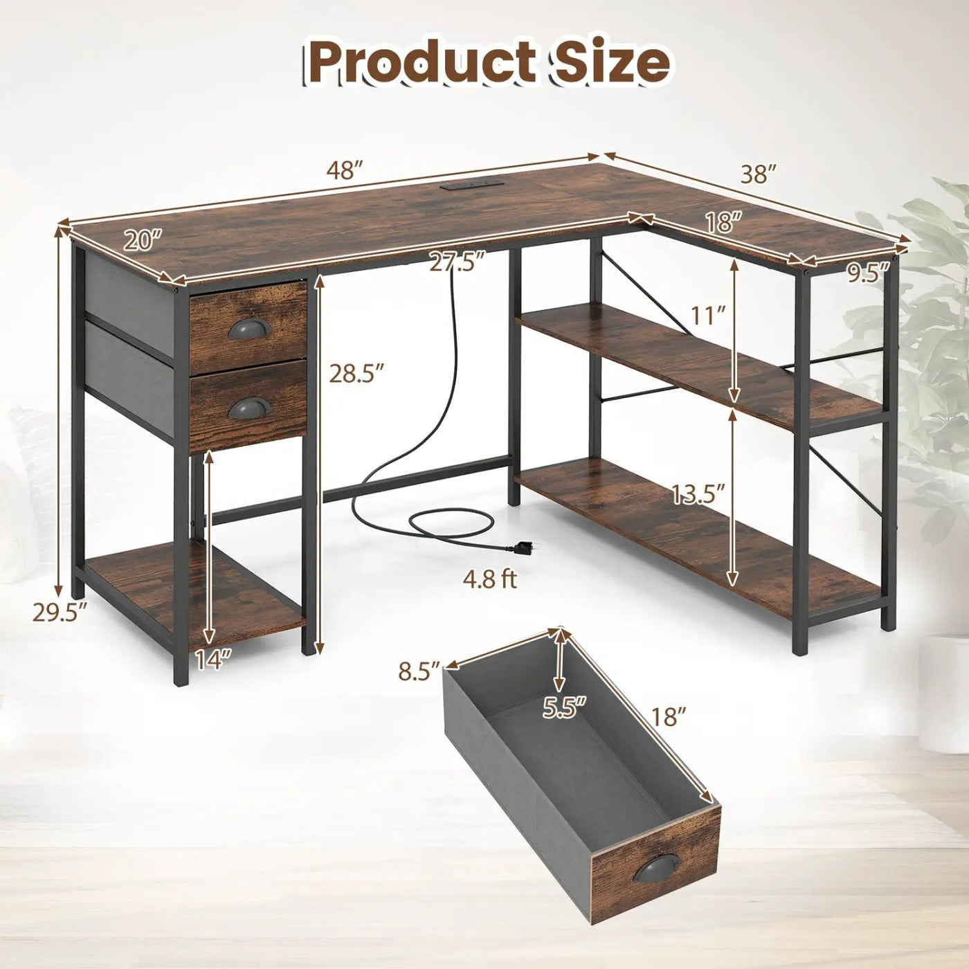 L Shaped Desk with Charging Station Corner Computer Desk with 2 Fabric Drawers by DirectDeals