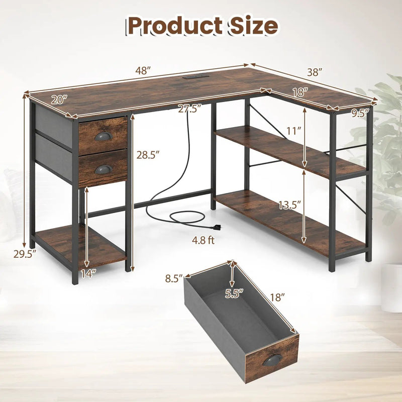 L Shaped Desk with Charging Station Corner Computer Desk with 2 Fabric Drawers by DirectDeals