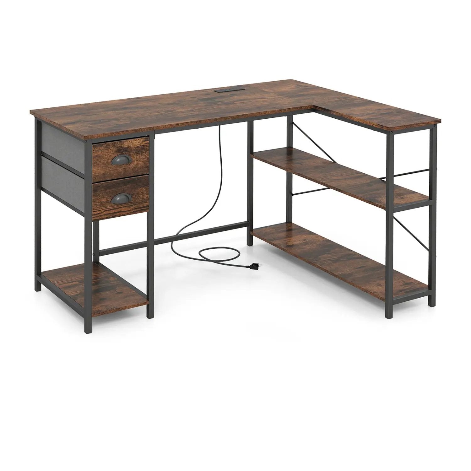 L Shaped Desk with Charging Station Corner Computer Desk with 2 Fabric Drawers by DirectDeals