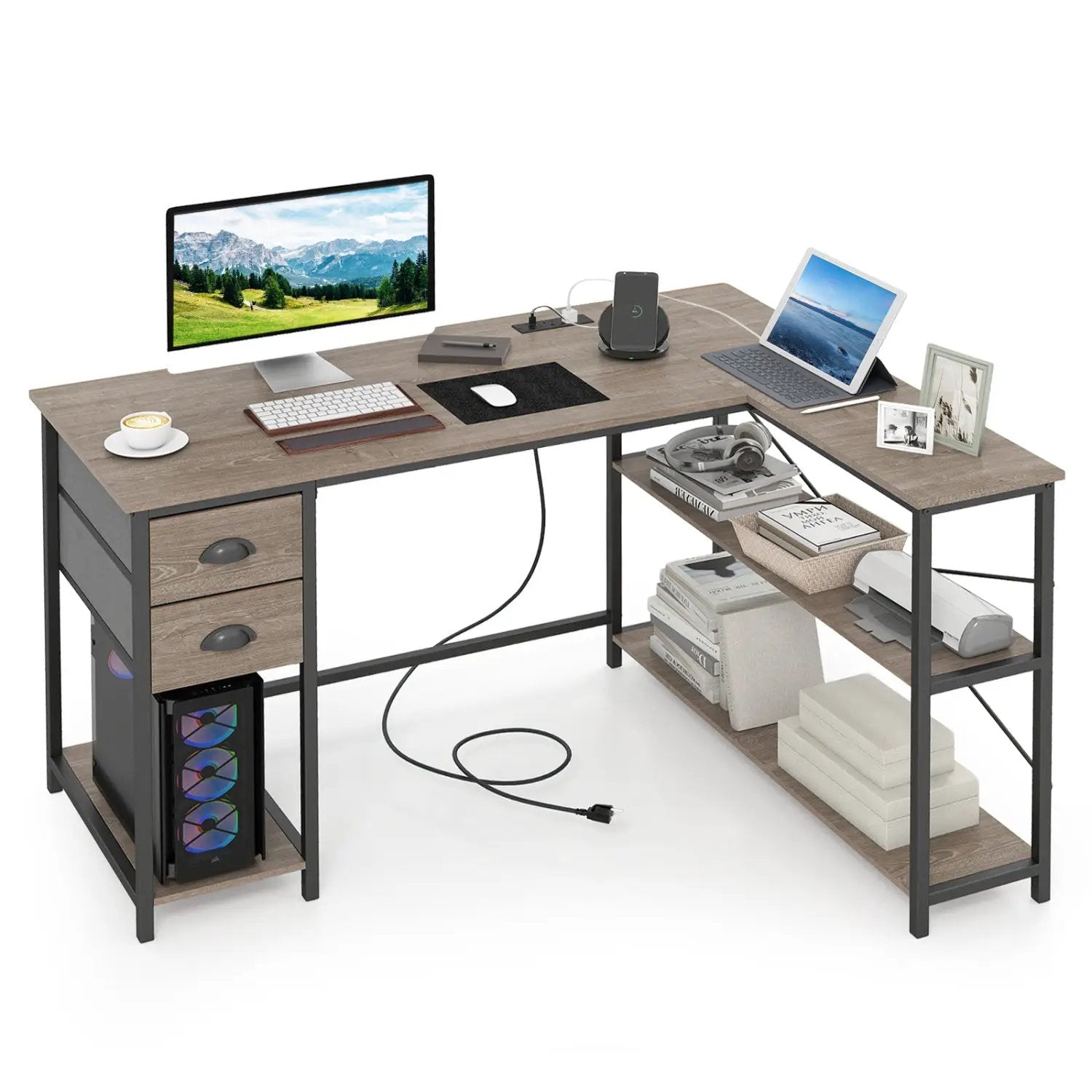L Shaped Desk with Charging Station Corner Computer Desk with 2 Fabric Drawers by DirectDeals