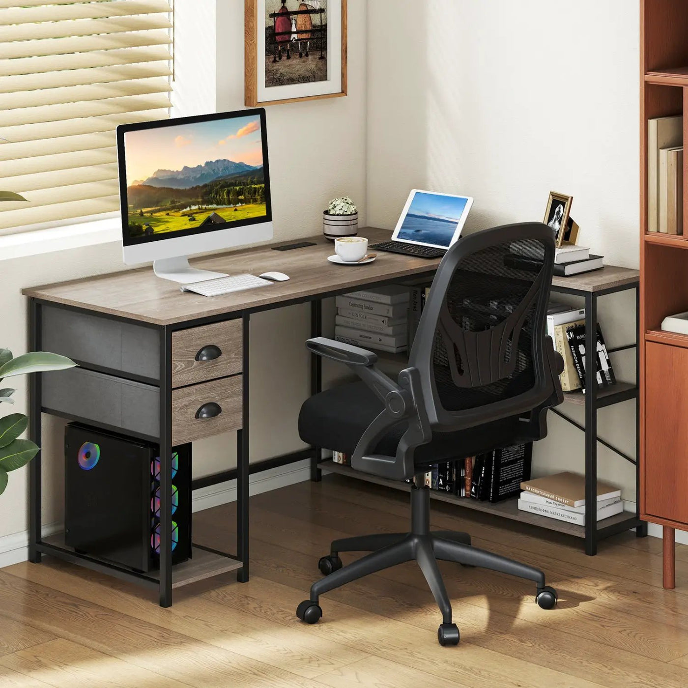 L Shaped Desk with Charging Station Corner Computer Desk with 2 Fabric Drawers by DirectDeals