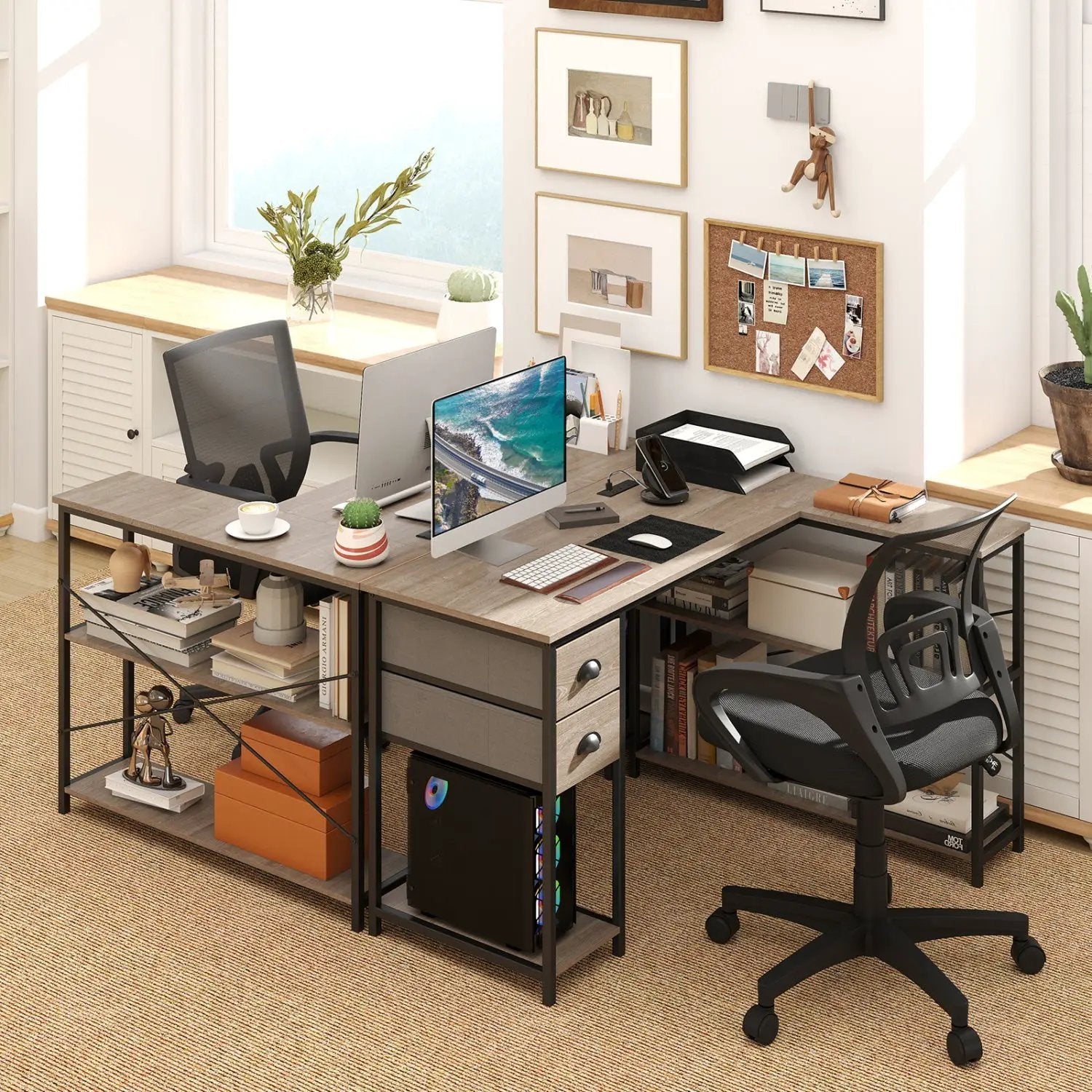 L Shaped Desk with Charging Station Corner Computer Desk with 2 Fabric Drawers by DirectDeals