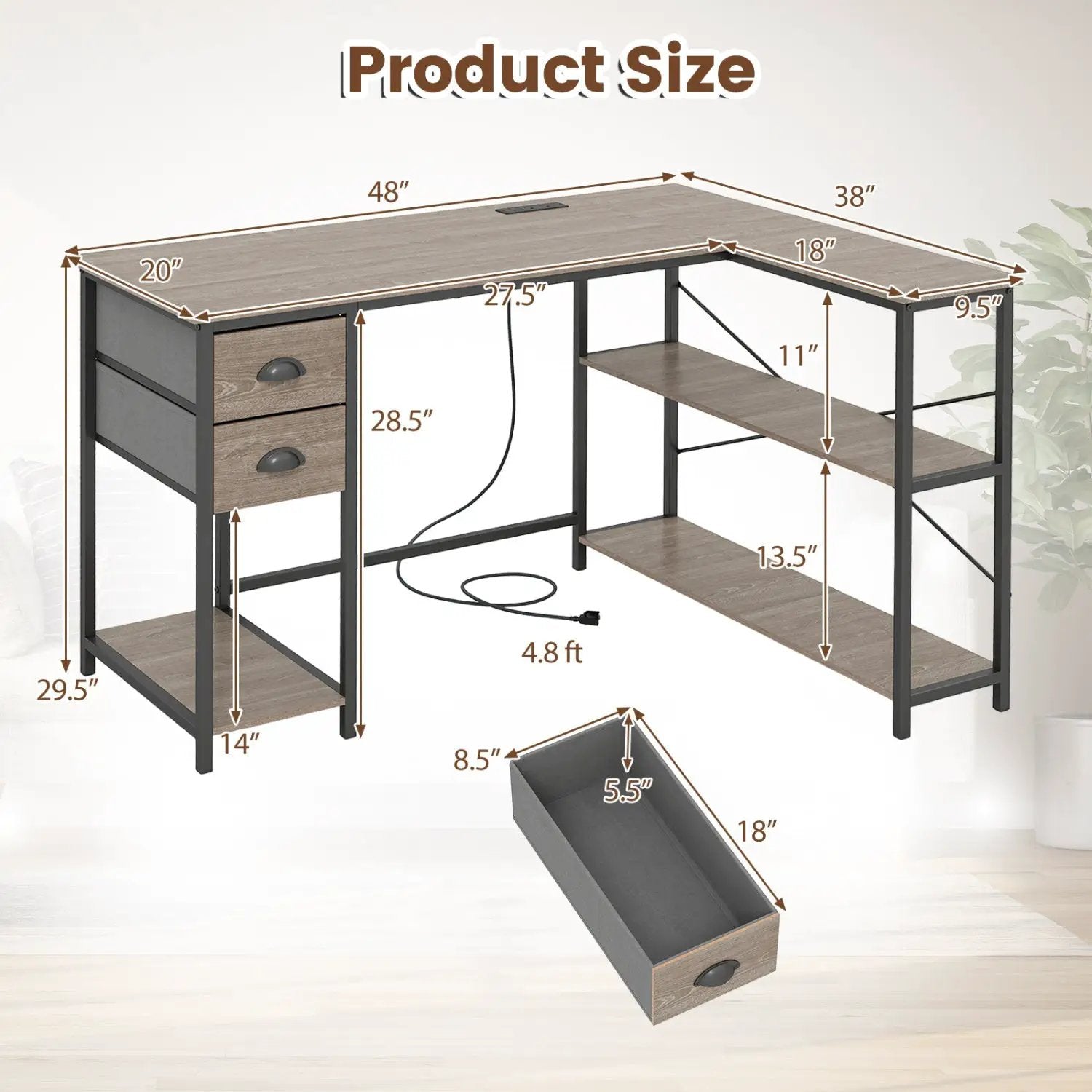 L Shaped Desk with Charging Station Corner Computer Desk with 2 Fabric Drawers by DirectDeals