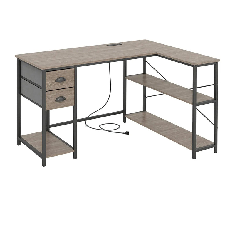 L Shaped Desk with Charging Station Corner Computer Desk with 2 Fabric Drawers by DirectDeals