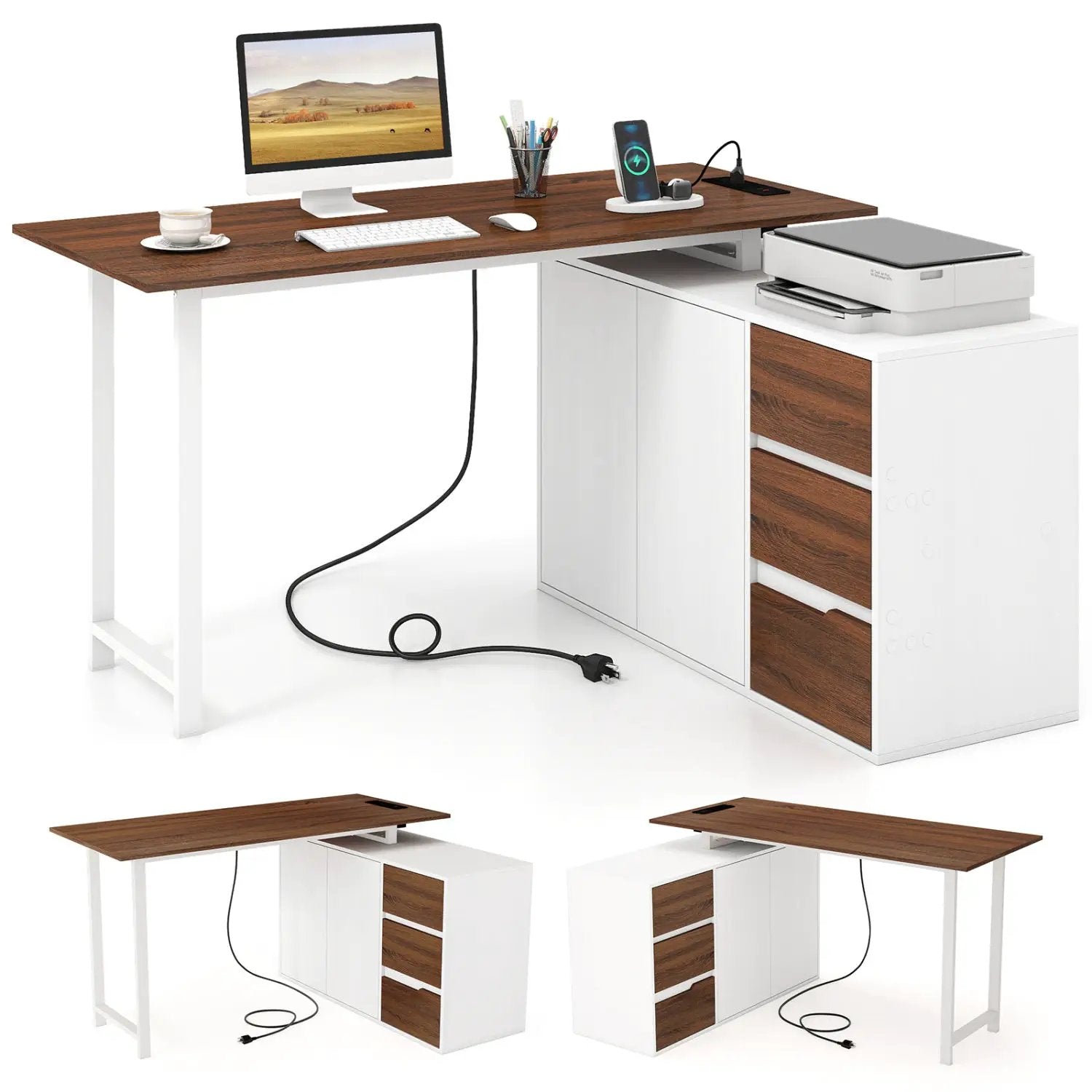 L-Shaped Desk with File Cabinet and Power Outlet Reversible Corner Computer Desk by DirectDeals