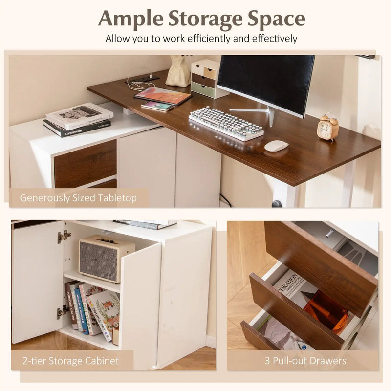 L-Shaped Desk with File Cabinet and Power Outlet Reversible Corner Computer Desk by DirectDeals