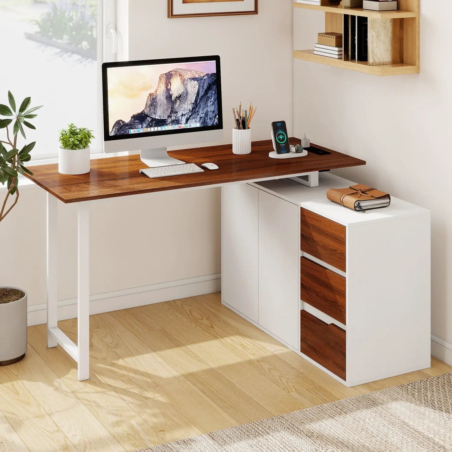 L-Shaped Desk with File Cabinet and Power Outlet Reversible Corner Computer Desk by DirectDeals