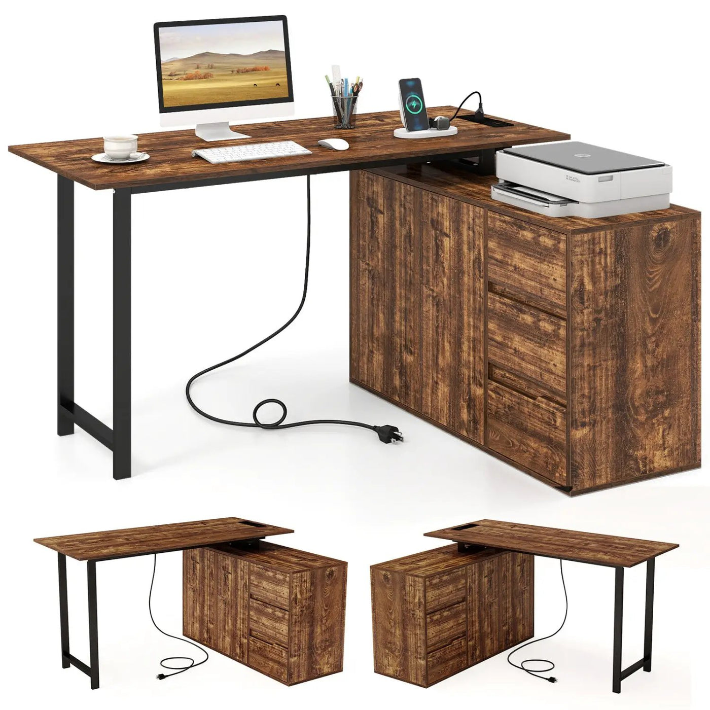 L-Shaped Desk with File Cabinet and Power Outlet Reversible Corner Computer Desk by DirectDeals
