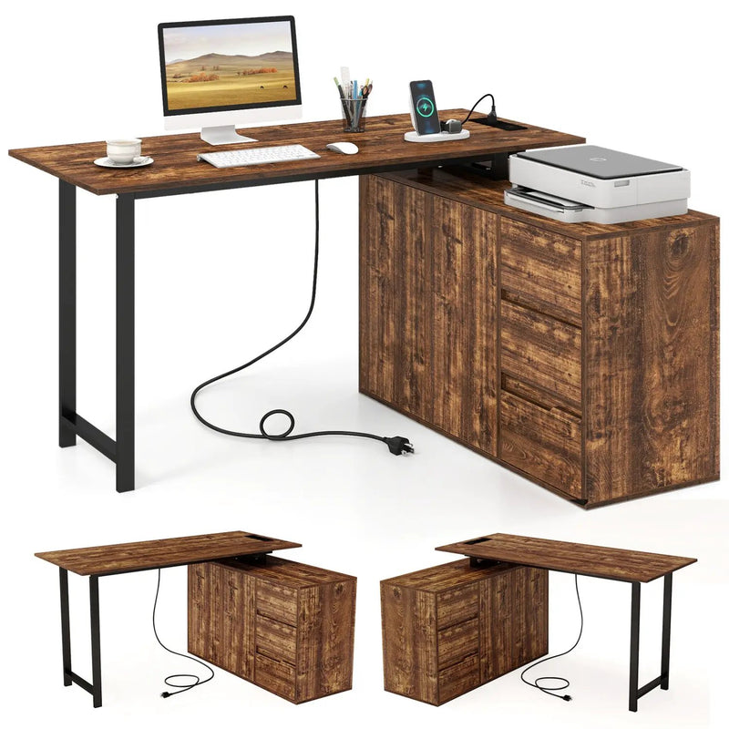 L-Shaped Desk with File Cabinet and Power Outlet Reversible Corner Computer Desk by DirectDeals