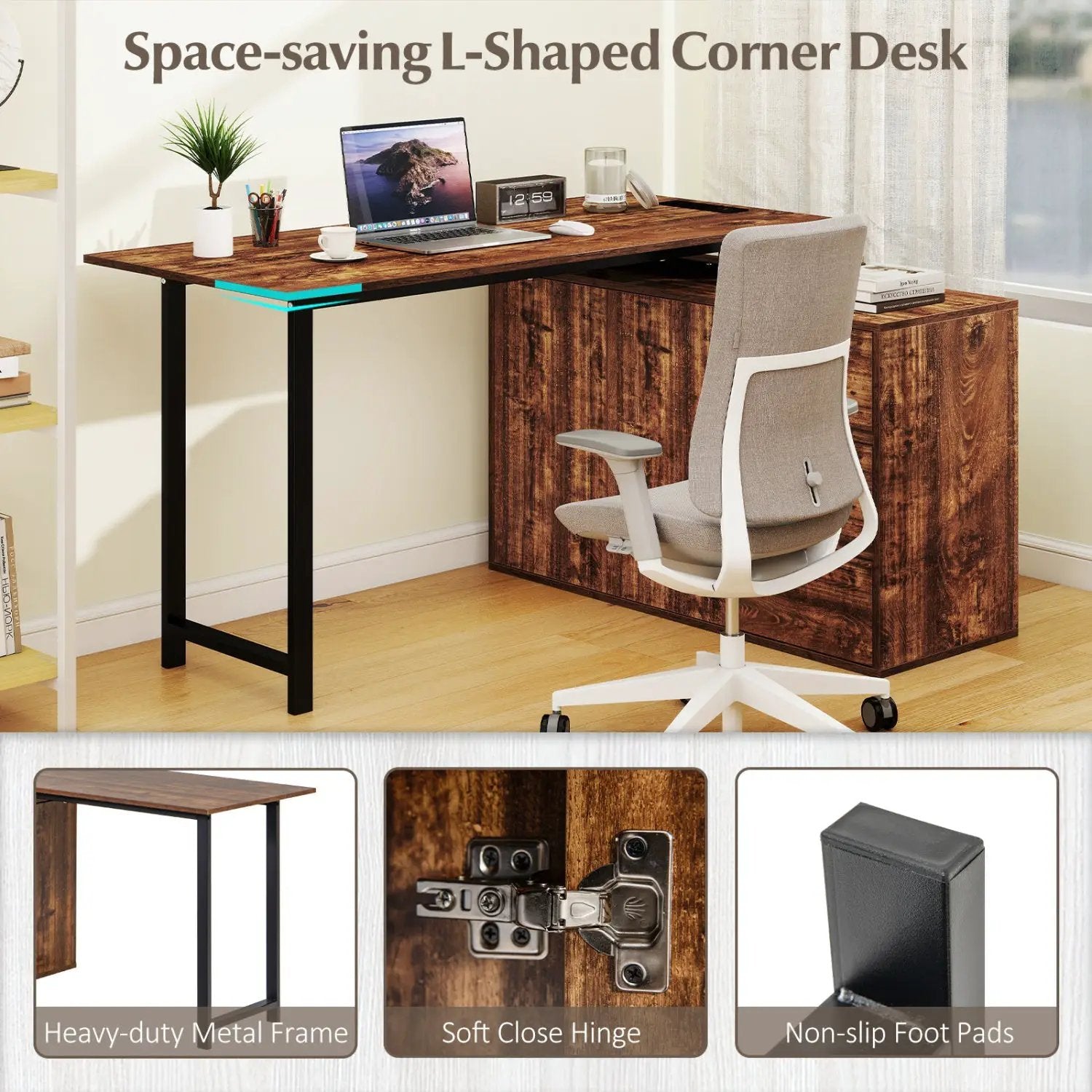 L-Shaped Desk with File Cabinet and Power Outlet Reversible Corner Computer Desk by DirectDeals