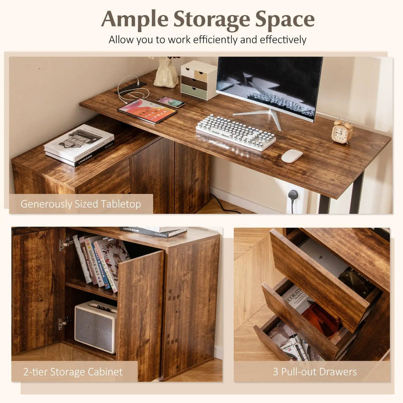 L-Shaped Desk with File Cabinet and Power Outlet Reversible Corner Computer Desk by DirectDeals