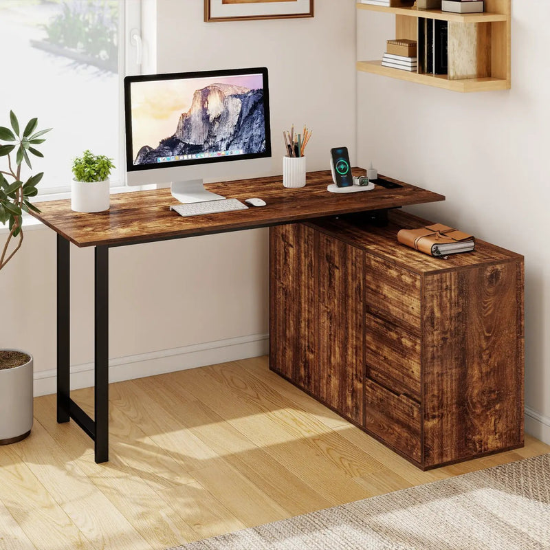 L-Shaped Desk with File Cabinet and Power Outlet Reversible Corner Computer Desk by DirectDeals