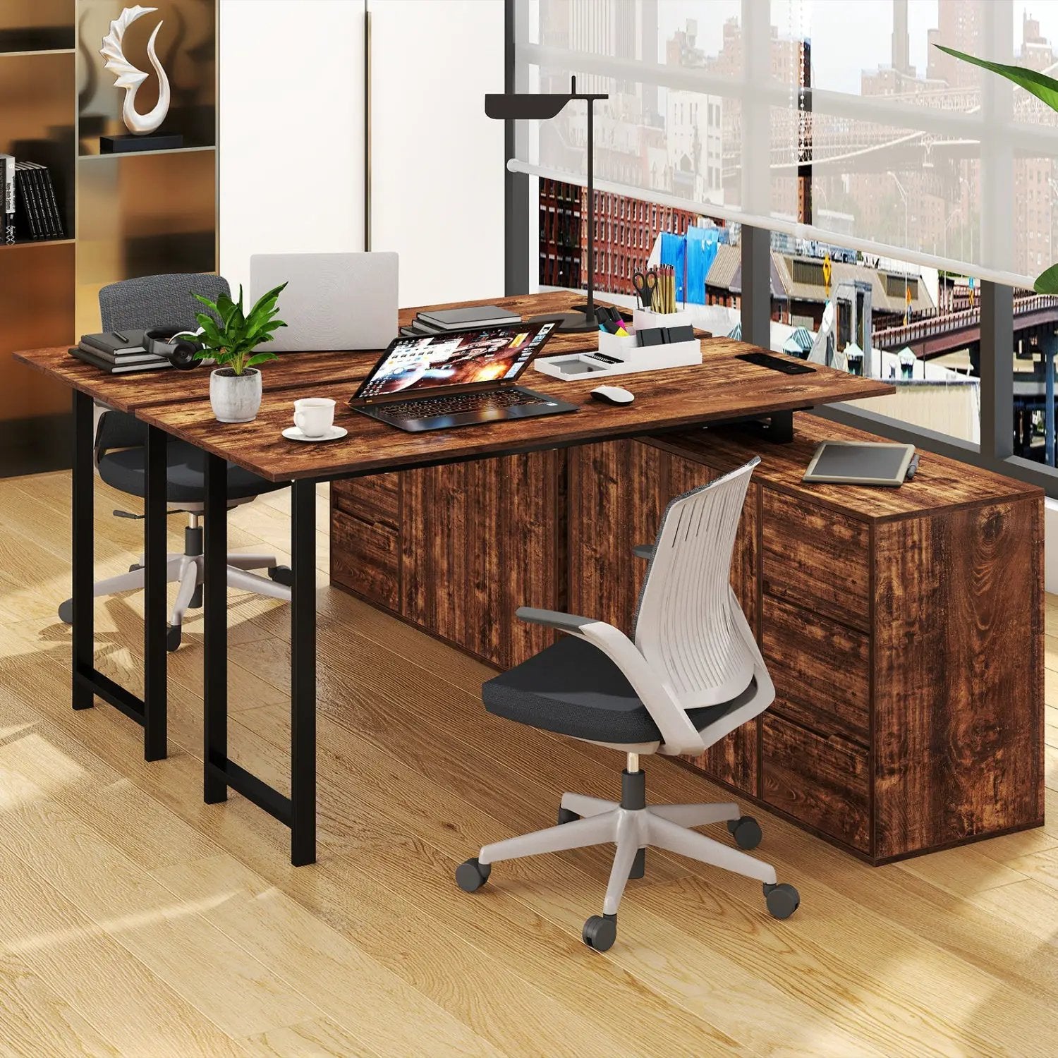 L-Shaped Desk with File Cabinet and Power Outlet Reversible Corner Computer Desk by DirectDeals