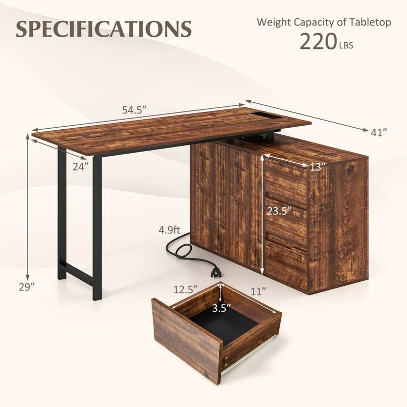 L-Shaped Desk with File Cabinet and Power Outlet Reversible Corner Computer Desk by DirectDeals
