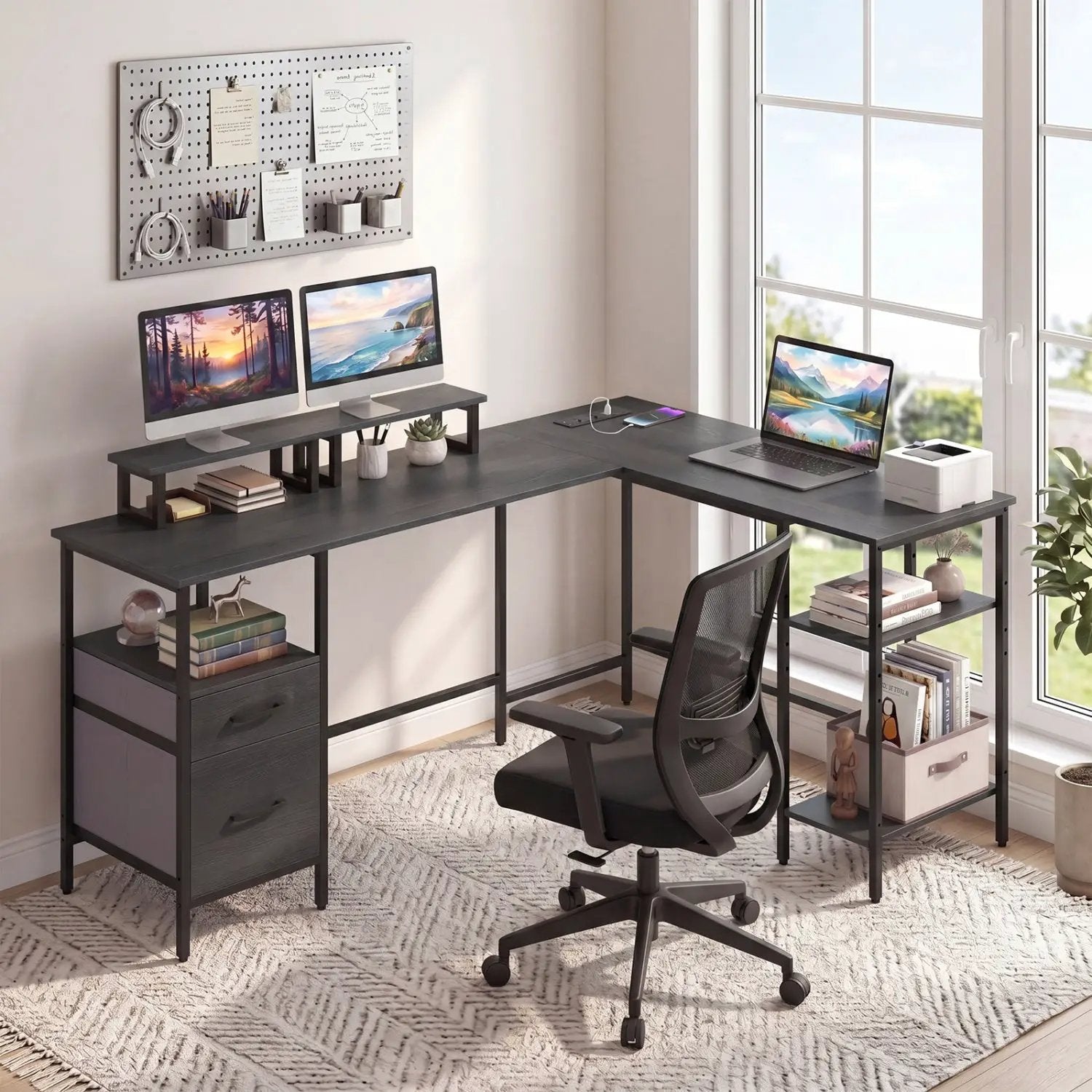 L Shaped Desk with Power Outlet Reversible Computer Desk with Monitor Stands by DirectDeals