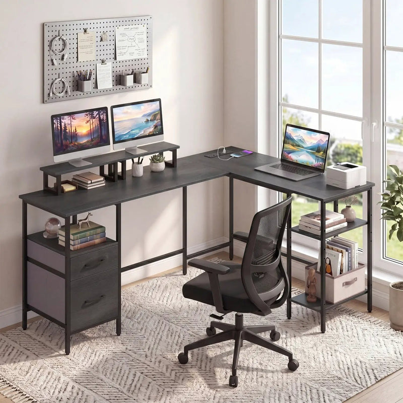 L Shaped Desk with Power Outlet Reversible Computer Desk with Monitor Stands by DirectDeals