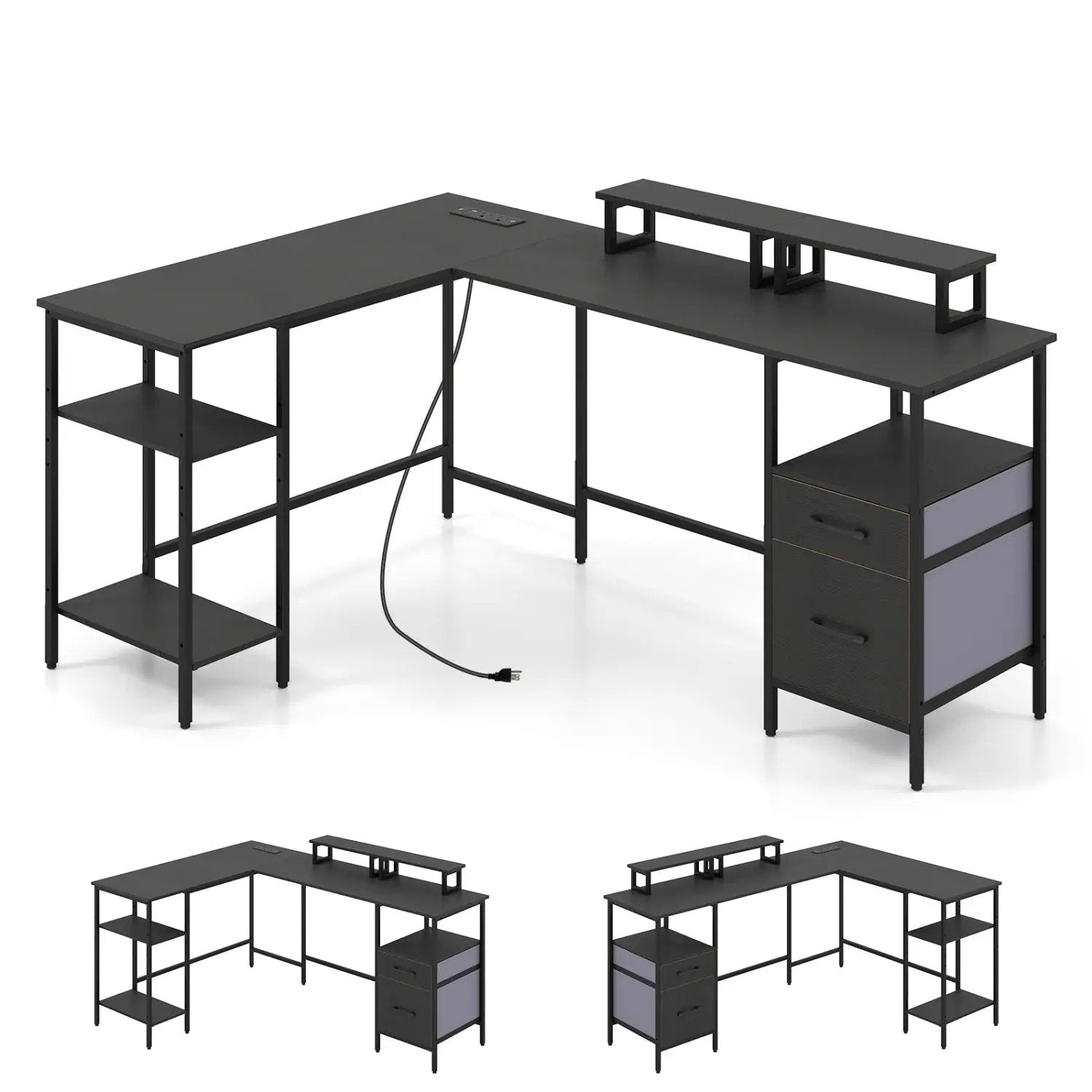 L Shaped Desk with Power Outlet Reversible Computer Desk with Monitor Stands by DirectDeals