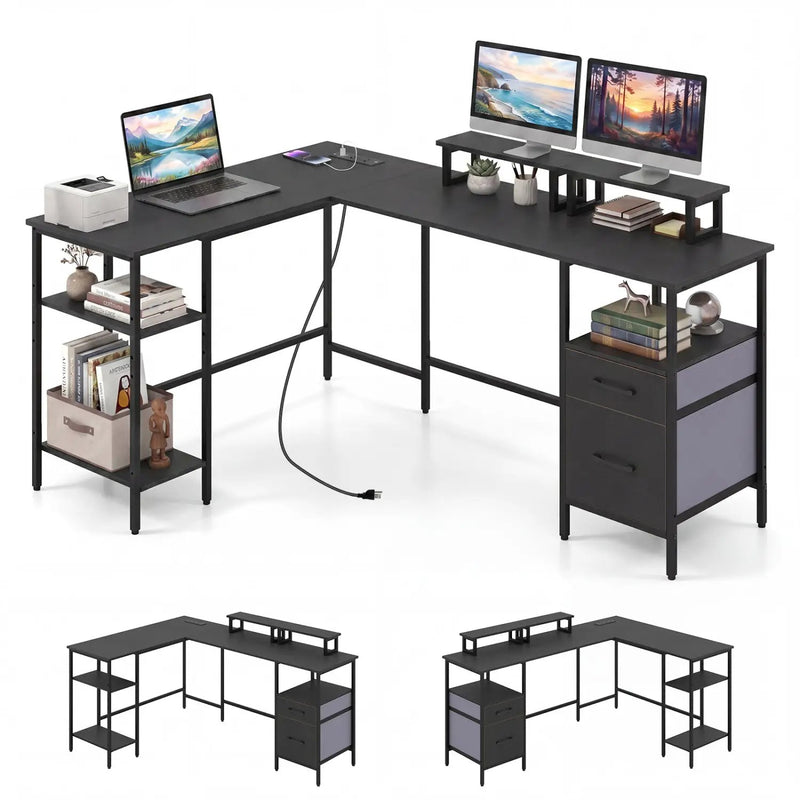 L Shaped Desk with Power Outlet Reversible Computer Desk with Monitor Stands by DirectDeals