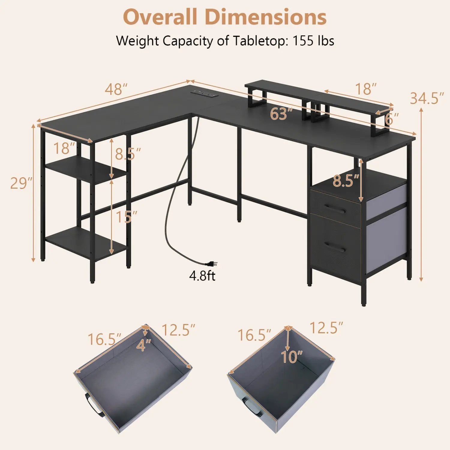 L Shaped Desk with Power Outlet Reversible Computer Desk with Monitor Stands by DirectDeals