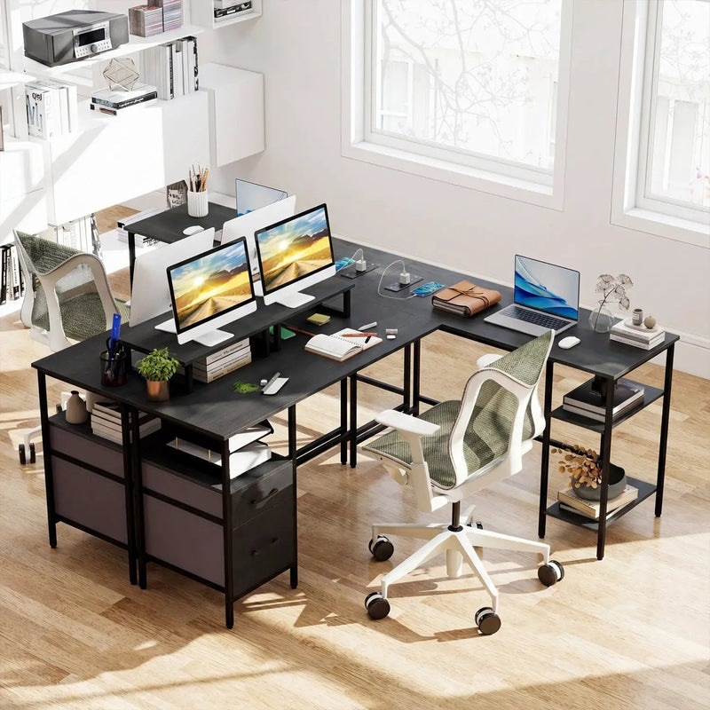 L Shaped Desk with Power Outlet Reversible Computer Desk with Monitor Stands by DirectDeals