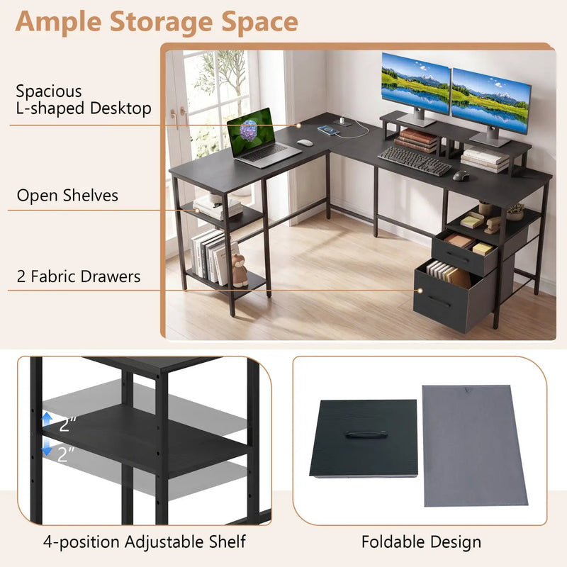 L Shaped Desk with Power Outlet Reversible Computer Desk with Monitor Stands by DirectDeals