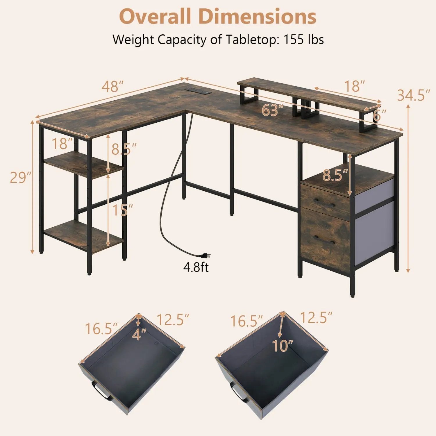 L-Shaped Desk with Power Outlet and Monitor Stands by DirectDeals