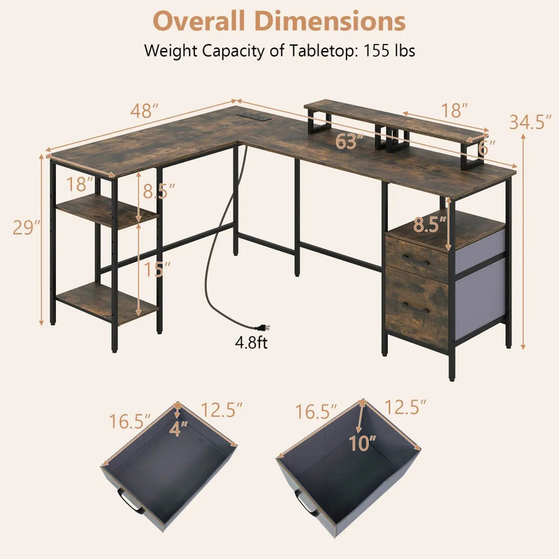 L-Shaped Desk with Power Outlet and Monitor Stands by DirectDeals