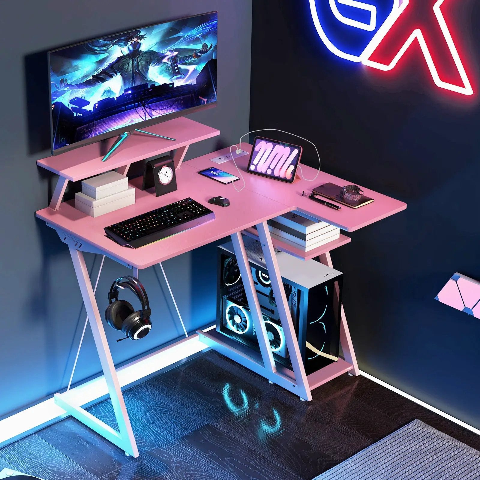 L Shaped Gaming Desk with Outlets and USB Ports by DirectDeals