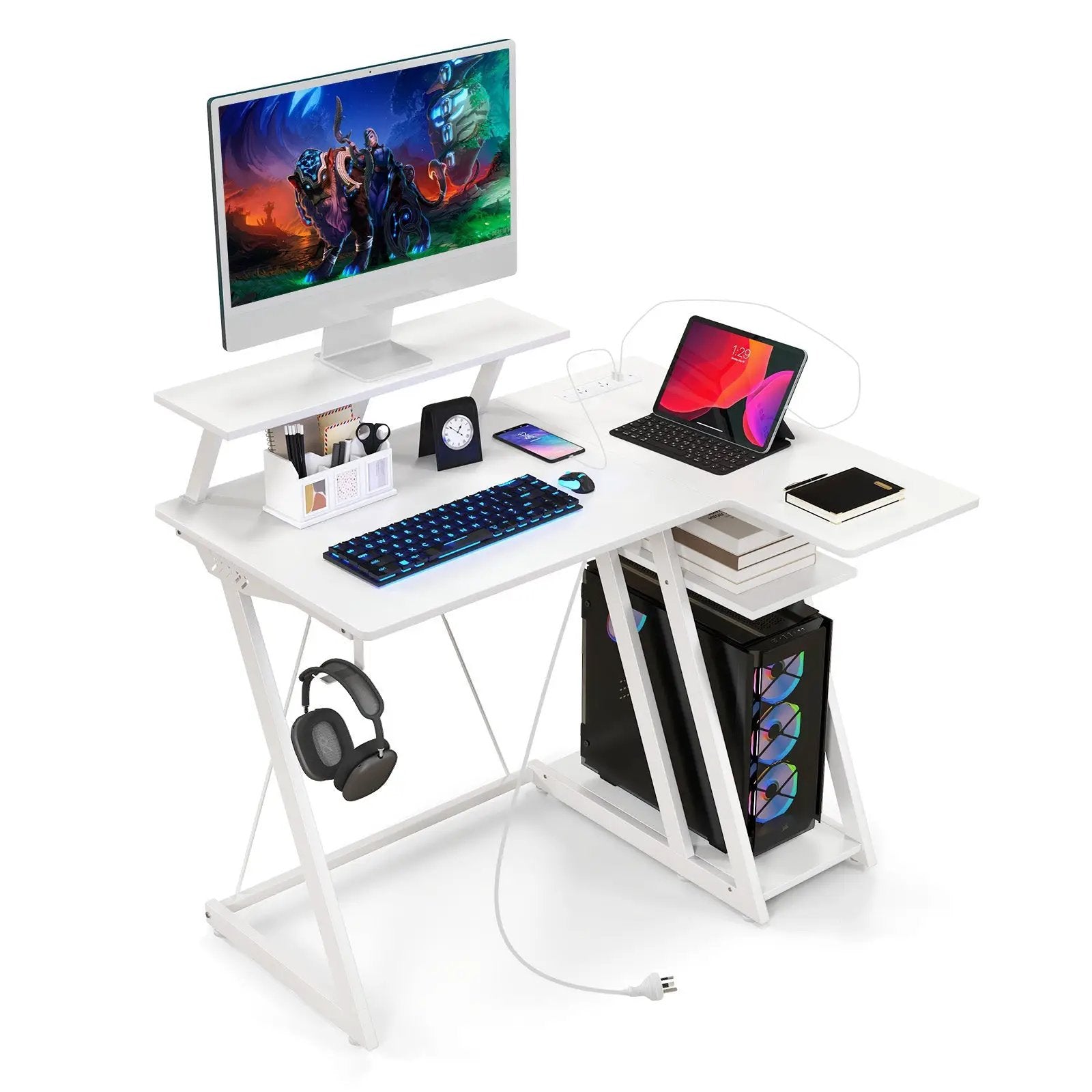 L Shaped Gaming Desk with Outlets and USB Ports by DirectDeals