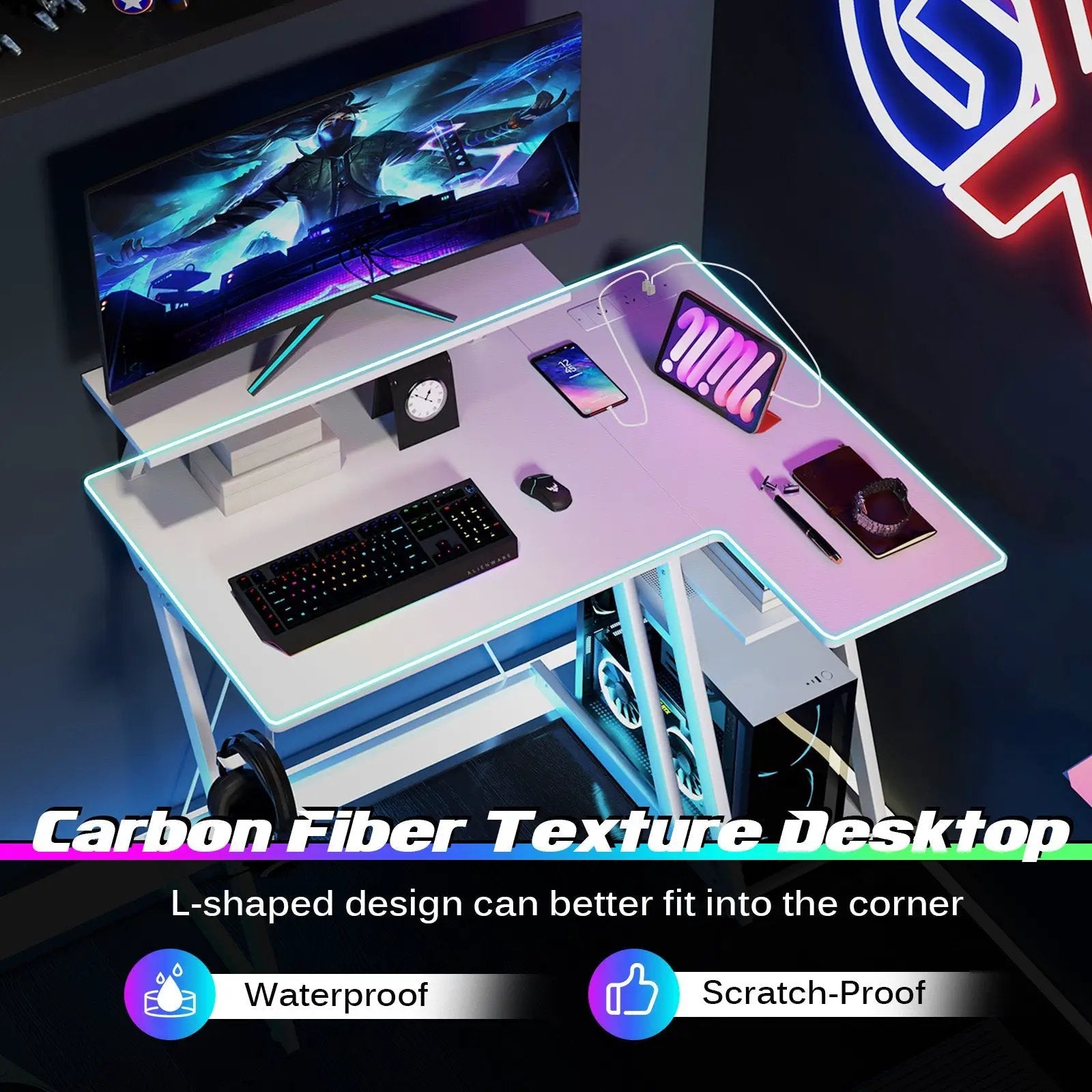 L Shaped Gaming Desk with Outlets and USB Ports by DirectDeals