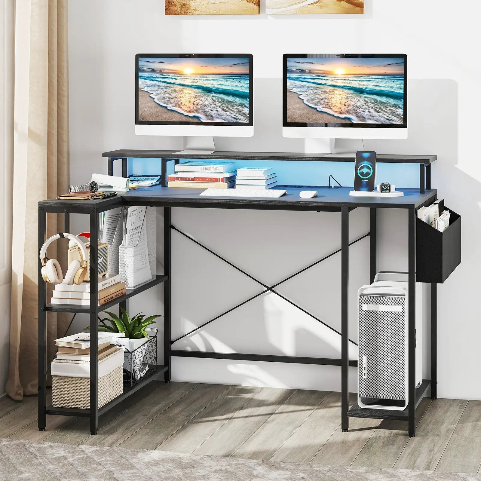 L-Shaped Gaming Desk with LED Lights and Power Outlets by DirectDeals