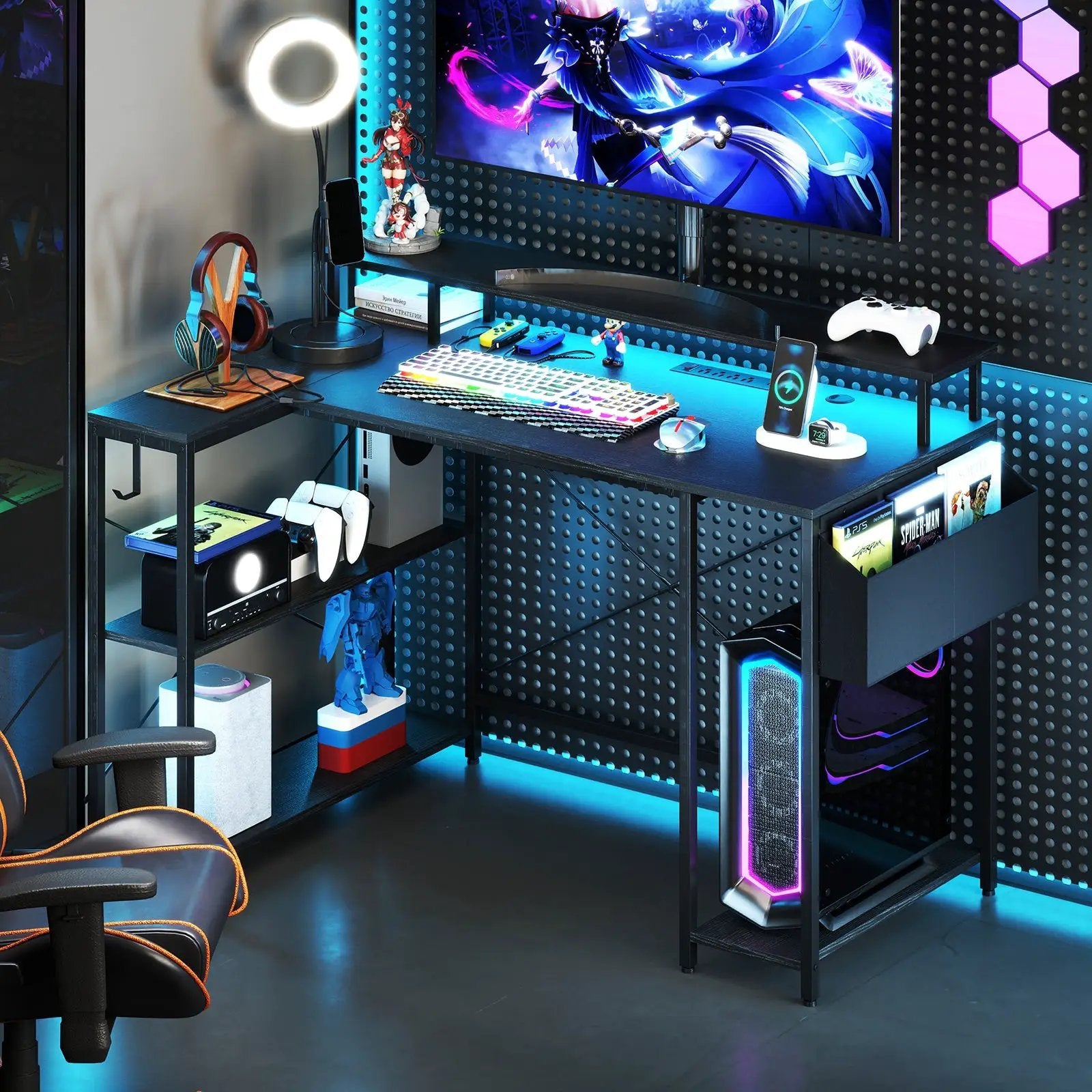 L-Shaped Gaming Desk with LED Lights and Power Outlets by DirectDeals