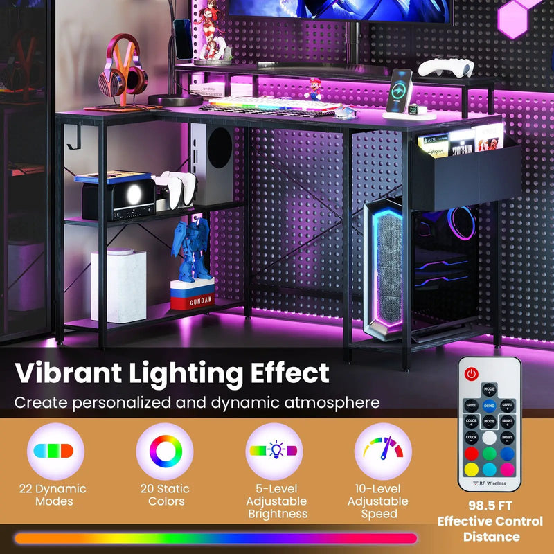 L-Shaped Gaming Desk with LED Lights and Power Outlets by DirectDeals