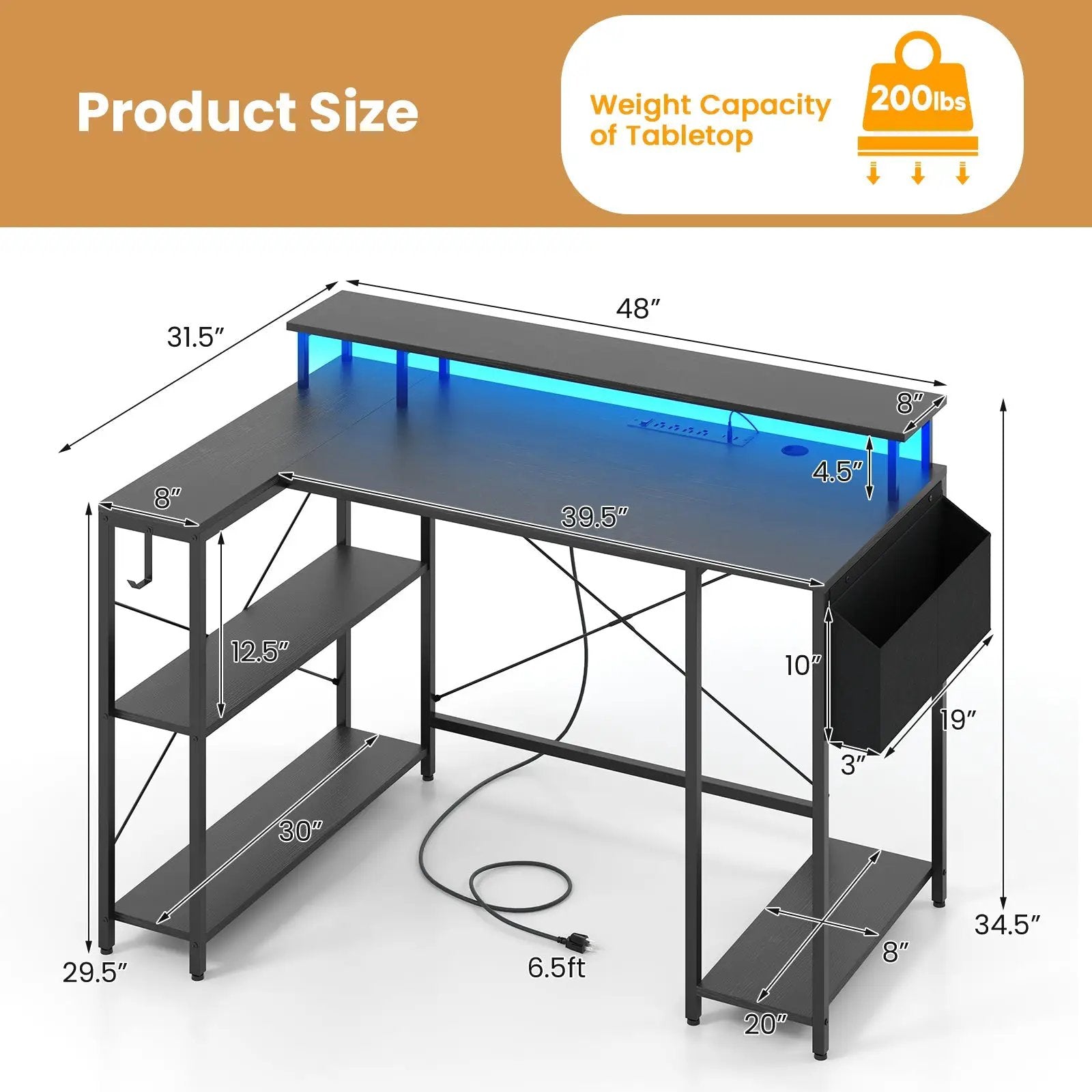 L-Shaped Gaming Desk with LED Lights and Power Outlets by DirectDeals