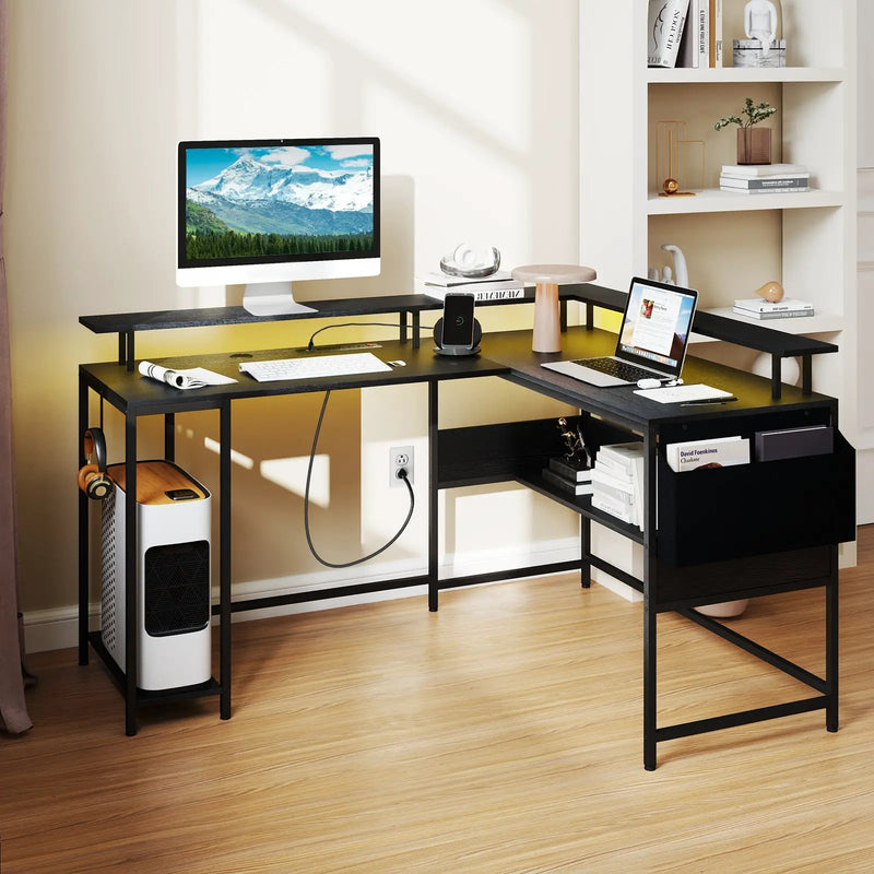 L-Shaped Gaming Desk with LED Lights and Power Outlets Home Office Computer Desk by DirectDeals