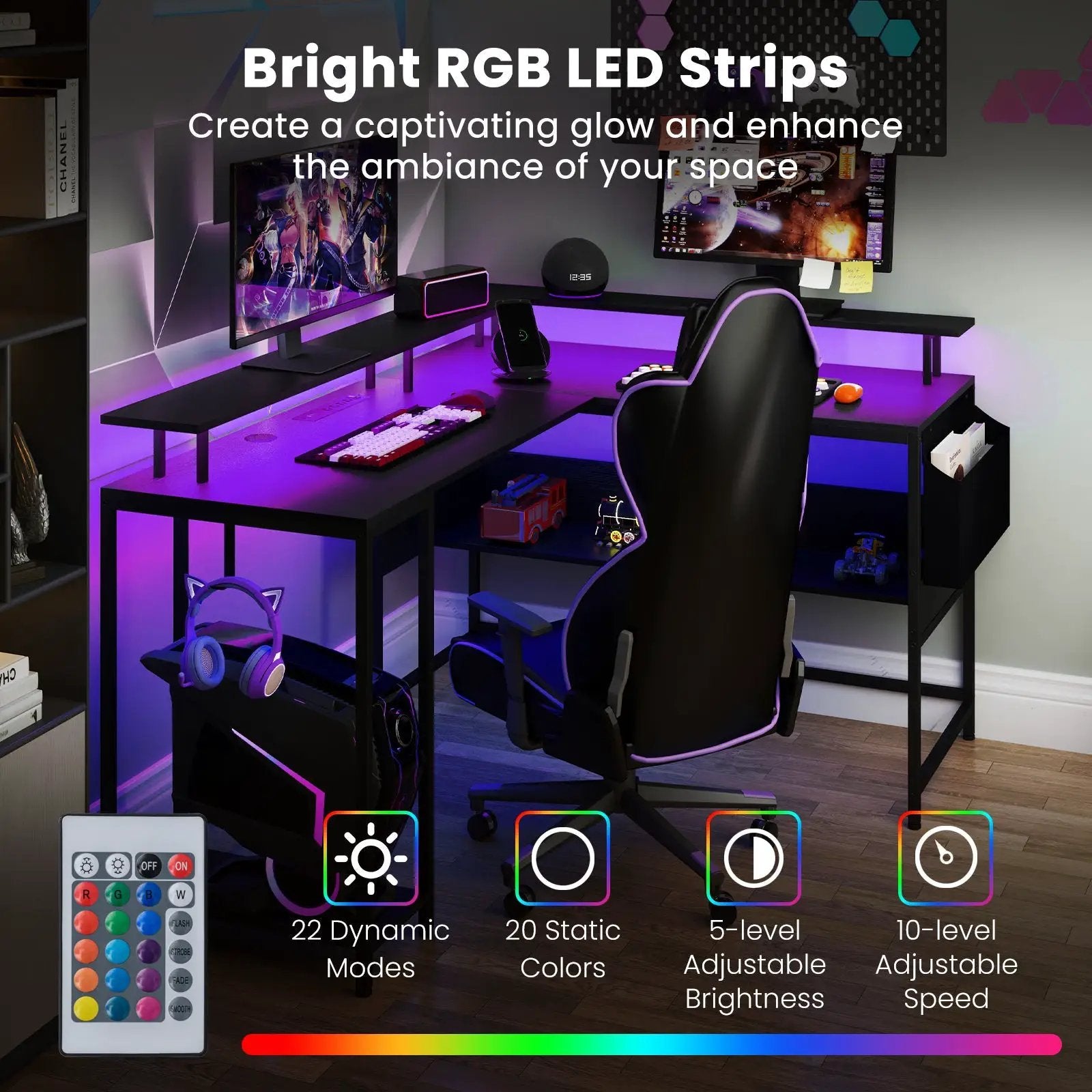 L-Shaped Gaming Desk with LED Lights and Power Outlets Home Office Computer Desk by DirectDeals