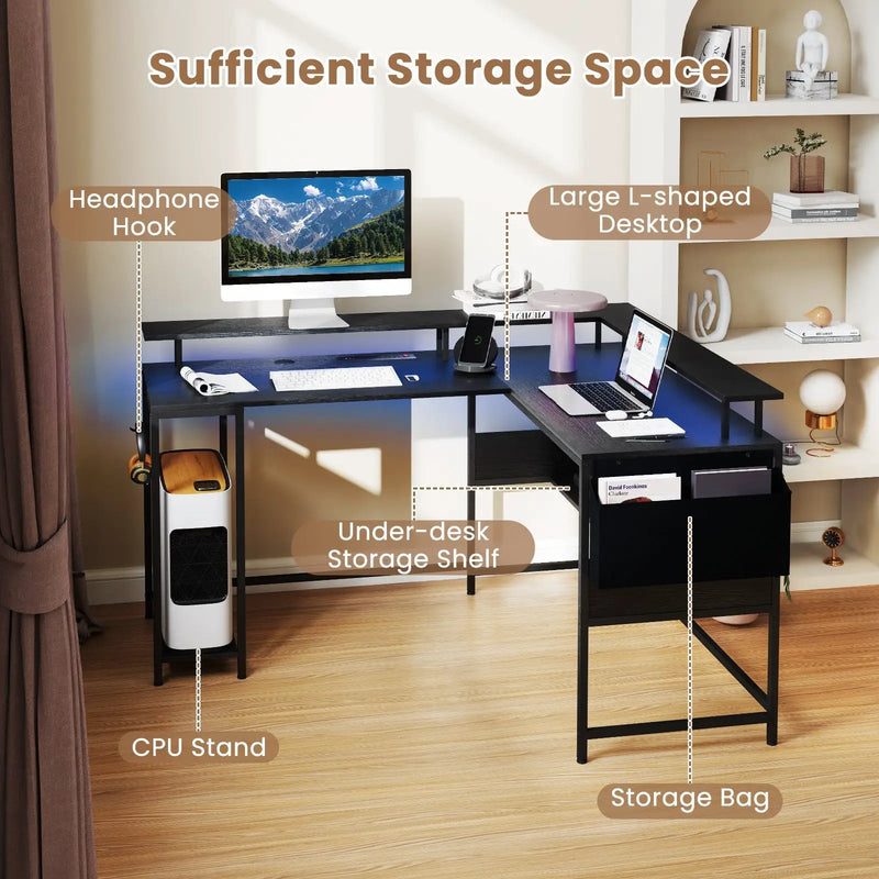 L-Shaped Gaming Desk with LED Lights and Power Outlets Home Office Computer Desk by DirectDeals